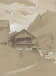 Dom w Alpach, Cortina, 1883 (grafit z białym gwaszem na brązowym papierze tkanym)