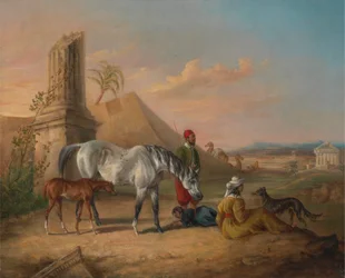 Siwa arabska klacz i źrebię, z rodziną