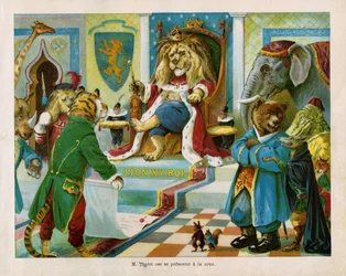 Tygrys poprosił Króla Lwa XV, by pozwolił członkom Stowarzyszenia Mięsożerców jeść inne zwierzęta, w "Wojna zwierząt", tekst J. Jacquin i ilustracje C. H. Thompson. Książka dla dzieci, Ed. Hachette  Cie, Paryż, ok. 1905.