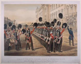 Parada szkockich gwardzistów fizylierów w Pałacu Buckingham rano w dniu ich wyjazdu na Siedzibę Wojny, 2 marca 1854, grawerowane przez E. Walkera, opublikowane przez Colnaghi und Co., 1854