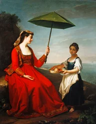 Portret damy w całej postaci, siedzącej na skale (olej na płótnie)