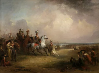 Pułkownik Sir John Leicester, Bt i kawaleria Kings Cheshire Yeomanry ćwicząca na piaskach w Liverpoolu