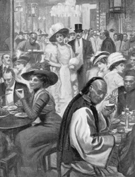 Najnowsze szaleństwo amerykańskiego społeczeństwa, nowojorczycy jedzący w chińskiej restauracji, ilustracja z magazynu 