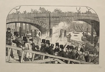 Żywy strumień na moście londyńskim - pod mostem, 1863.
