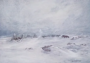 Blizzard on the Barrier, ilustracja z „Nimrod in the Antarctic 1907-09” autorstwa Sir Ernesta Shackletona (1874-1922)
