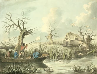 Strzelanie do kaczek, sztych. Thomas Rowlandson (1756-1827), wyd. J. Harris, 1789 (akwaforta kolorowa) (patrz także 125725-27)