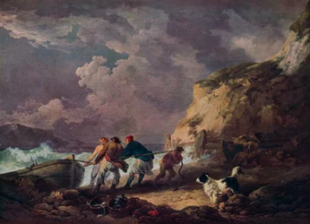 Wybrzeże morskie: rybacy wyciągają łódź, 1791