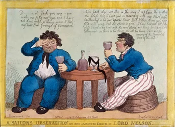 Obserwacja marynarza dotycząca opłakanej śmierci Lorda Nelsona, rytowana przez Thomasa Rowlandsona (1756-1827) opublikowana przez Rudolpha Ackermanna, 3 grudnia 1805 (kolorowa akwaforta)