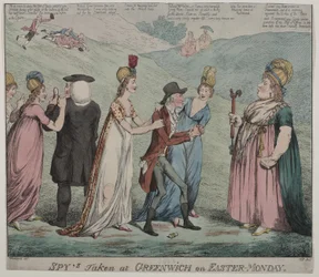 Matka Windsor z czterema kurtyzanami nakazuje swoim dziewczętom aresztować biskupa Durham i księcia Queensbury, 1798 (akwaforta kolorowa)