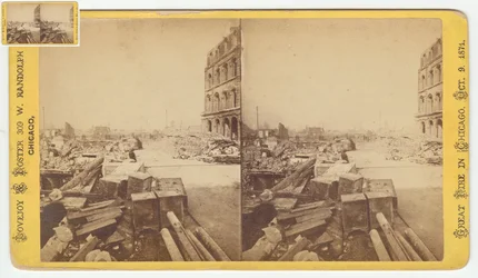 Stereograf sejfów zabrany z ruin na Dearborn Street po pożarze w Chicago z 1871, 1871 (bw zdjęcie na uchwycie karty)