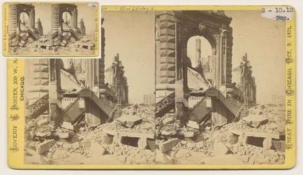 Stereografia Bryan Block w północno-zachodnim rogu ulic Monroe i LaSalle po pożarze Chicago w 1871, 1871 (bw zdjęcie na uchwycie karty)