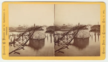 Stereografia mostu Van Buren Street po pożarze Chicago w 1871, 1871 (bw zdjęcie na uchwycie karty)