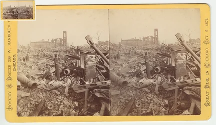 Stereografia ruin Mammoth Store of Field & Leiter po pożarze Chicago w 1871, 1871 (bw zdjęcie na uchwycie karty)