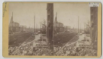 Stereograficzny widok Clark Street po pożarze Chicago w 1871 r