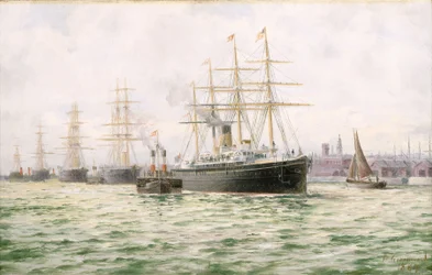Parowiec White Star Line "Adriatic" opuszczający Liverpool, koniec XIX wieku (obraz olejny)