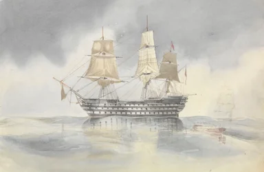 Britannia" przycumowała w spokojnym miejscu, aby przyjąć statek, prawdopodobnie w pobliżu przylądka Carthage, pod banderą kontradmirała Dundasa, 27 kwietnia 1852 r.
