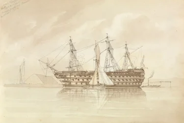 HMS "Trafalgar" u wybrzeży Sheerness, z pokładu "Shannon", 28 grudnia 1850 r.