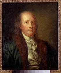Portret Benjamina Franklina (1706-1790), amerykańskiego fizyka, filozofa i polityka Malarstwo: George Peter Alexandre Healy (1808-1894) Słońce. 0,33x0,27m.