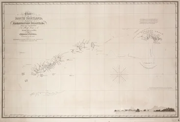 Mapa Szetlandów Południowych, w tym wyspy Coronation, sporządzona na podstawie wyprawy badawczej slupa Dove w latach 1821 i 1822 pod dowództwem George