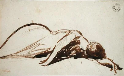 Prostrate Woman (pędzel i brązowy tusz na graficie na papierze wykładanym)