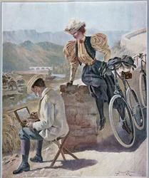 Akwarela i kolarstwo - litografia Georges Roux, v.1900