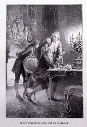 Młody Jim Hawkins, Chevalier Trelawnay i Doctor Livesey pojednają się w salonie – w „L