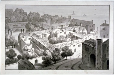 Widok z lotu ptaka na pałac biskupa Winchester, Southwark, Londyn, ok. 1820 r.