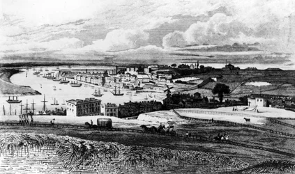 Chatham Dockyard z Port Pitt, grawerowane przez R. Roffe, opublikowane w irlandzkiej „History of Kent”, opublikowanej w 1831 r.