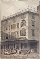 Widok na targ Billingsgate z rybami i koszami ludzi, City of London, 1811