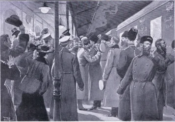 Car żegnający się z oficerami gwardii cesarskiej, ilustracja z Historii wojny rosyjsko-japońskiej w Cassells t. 1, ok. 1900