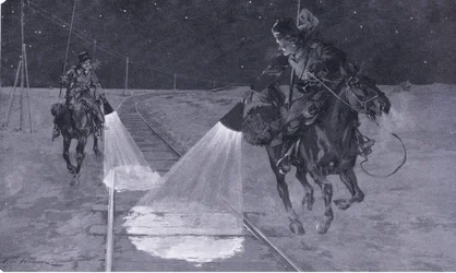Na kolei mandżurskiej: Nocny patrol, ilustracja z Historii wojny rosyjsko-japońskiej Cassells, t. 1, ok. 1900
