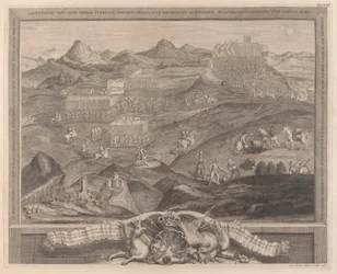 Tablica bitewna Carberry-hill niedaleko Edynburga z kapitulacją Marii, królowej Szkotów, konfederackim lordom Szkocji i ucieczką hrabiego Bothwella, 1567