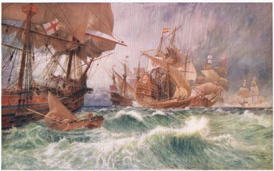 Wezwanie do poddania się: incydent w ataku wielkiej Armady 1588, z Cassells History of the British People opublikowanej przez Waverley Book Company, ok. 1950