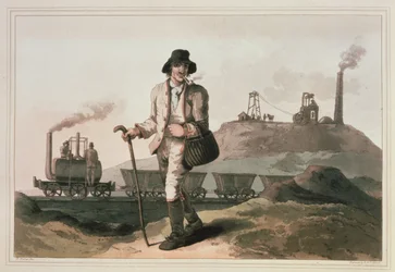 Lokomotywa Blenkinsop w kopalni Middleton niedaleko Leeds, grawerowana przez Roberta i Daniela Havellów, 1814