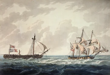 Slup Jego Królewskiej Mości, Bonne Citoyenne, ciągnący za sobą francuską fregatę La Furieuse po akcji z 6 lipca 1809 r., ryty przez R und D Havell, opublikowany przez Roberta Cribba w 1810 r.