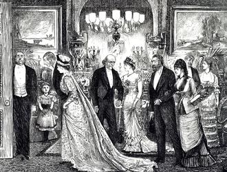 Kreskówka przedstawiająca elegancki wieczór w wiktoriańskim domu