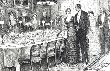 Komiks zatytułowany „Going into Dinner” przedstawiający młodą parę wchodzącą do jadalni