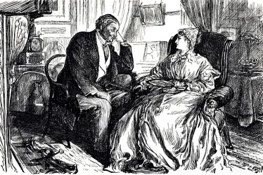 Kreskówka Georgesa du Mauriera ilustrująca mężczyznę i kobietę w rozmowie o uspokajających korzyściach oleju z wątroby dorsza. Anglia 1869