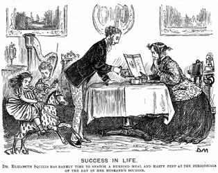 Sukces w życiu: odwrócenie ról i nowoczesna profesjonalna kobieta. Rysunek George du Maurier dla Punch Almanack na rok 1867. W 1865 Elizabeth Garrett Anderson (1836-1917) uzyskała licencję Towarzystwa Aptekarskiego na wykonywanie zawodu.