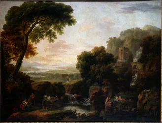 Italianate krajobraz z capriccio widok Tivoli, pasterza i pasterki i bydła