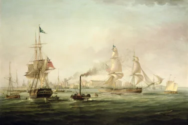 Widok portu w Hull z okrętem Spartan (olej na płótnie)