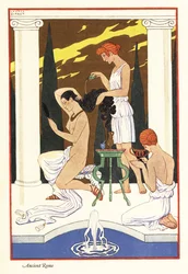 Niewolnica wylewa pachnący olejek na włosy swojej pani, starożytny Rzym, 1928