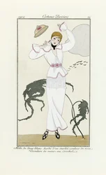 Projekt na białą sukienkę z różowym wykończeniem i szydełkowym paskiem, z Costumes Parisien, wyd. 1912 (druk w pochoirze)