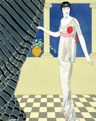 Moi goście nie przybyli, ilustracja kobiety w sukience autorstwa Redferna (druk pochoir)