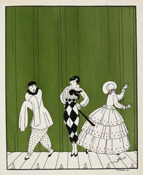 Trzy postacie z baletu Carnaval z 1910 roku, skomponowanego przez Roberta Schumanna. Po lewej mim. Pośrodku stoi mężczyzna ubrany w białą koszulę z czarnym krawatem i kraciaste spodnie, w masce. Po prawej dama zwrócona tyłem do głowy