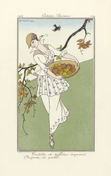 Toaleta z tafty z nadrukiem, Słomkowy Kapelusz, z Costume Parisiens, wyd. 1914 (odbitka szablonowa)