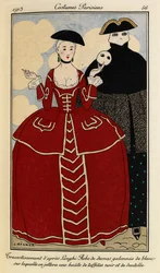 Przebranie według Loghiego: suknia z adamaszku obszyta bielą, na którą narzuca się okrycie z czarnej tafty i koronki. Costumes Parisiens nr 46. Kobieta w czerwonej sukni z XIX wieku z kremową koronką, czarnym kapeluszu i z białą maską.