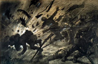 Skutek wybuchu pocisku w nocy, kwiecień 1915. Rysunek Georges
