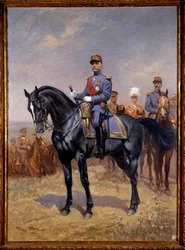 Pierwsza wojna światowa: „”Konny portret Ferdynanda Focha (1851-1929) marszałka Francji”” Za nim Douglas Haig, Armando Diaz i Maxime Weygang. Obraz Georgesa Bertina Scotta (1873-1942) autorstwa Scotta de Plagnolles 1930 Nd. 1,25x0,92m. Paryż, Muzeum d