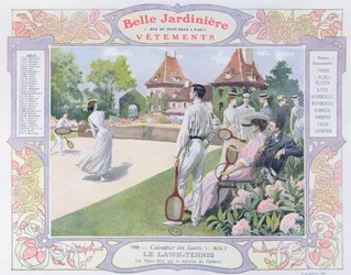 Tenis na trawniku, ilustracja na sierpień z kalendarza sklepu odzieżowego „La Belle Jardiniere”, 1906
